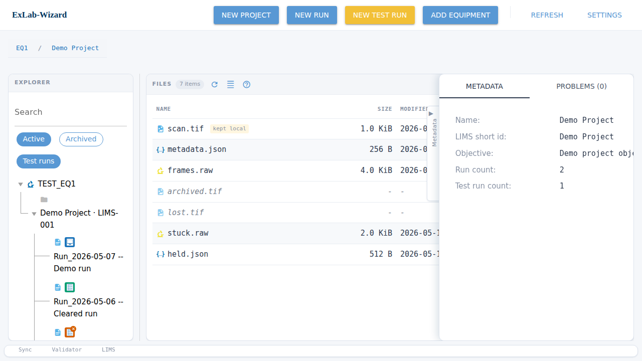 File explorer with a project selected -- tree, file list, and metadata pane