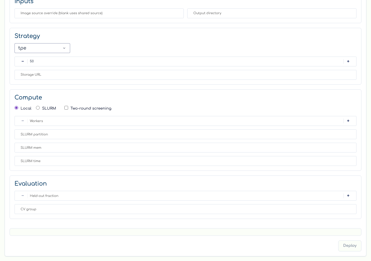 Tune Run: launch form, live command card, and Deploy.