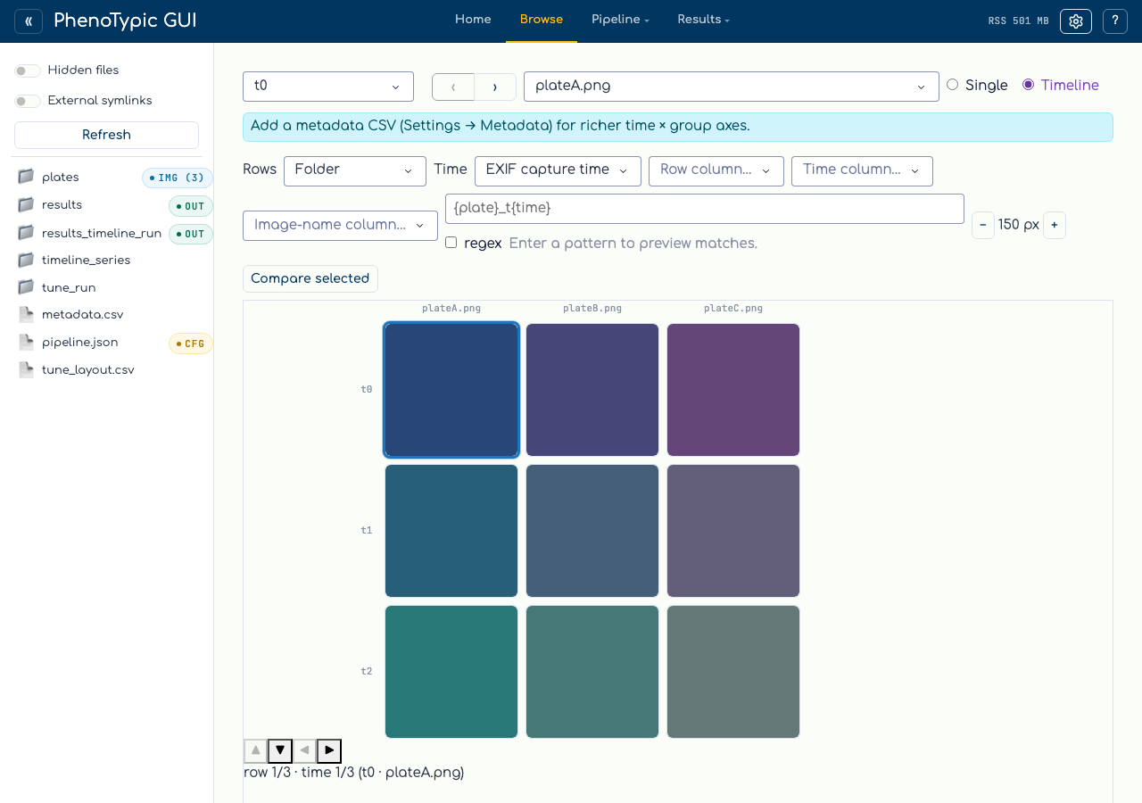 The Browse tab in Timeline mode: the per-axis source controls, the focus window with one focused cell, the four edge navigation buttons, and the position readout.