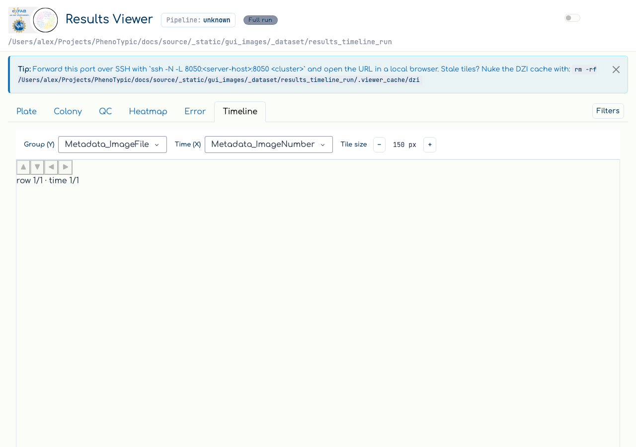 The Results Viewer Timeline tab: the Y (group) and X (time) dropdowns, the focus window with one focused overlay cell, the four edge navigation buttons, the position readout, and the tile-size stepper.
