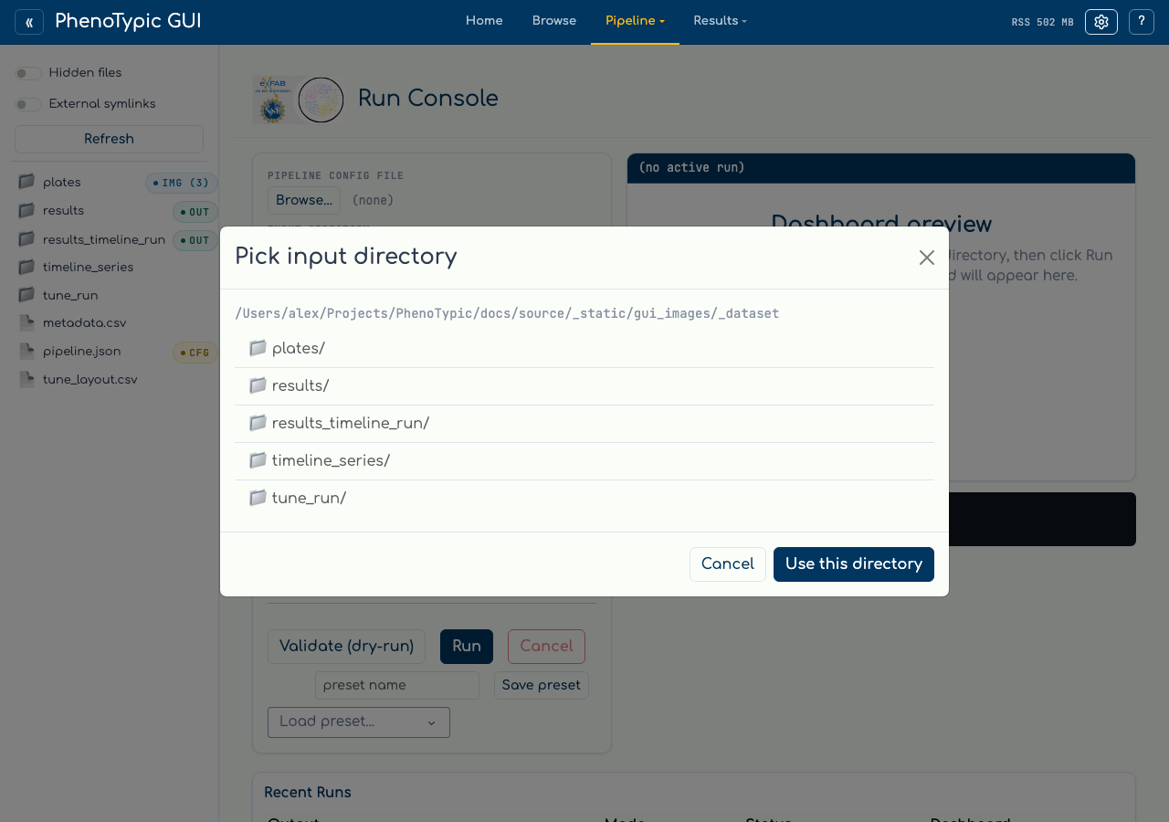 Input directory picker modal.
