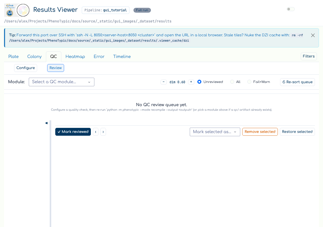 Review sub-view: module picker, summary header, worst-first worklist.