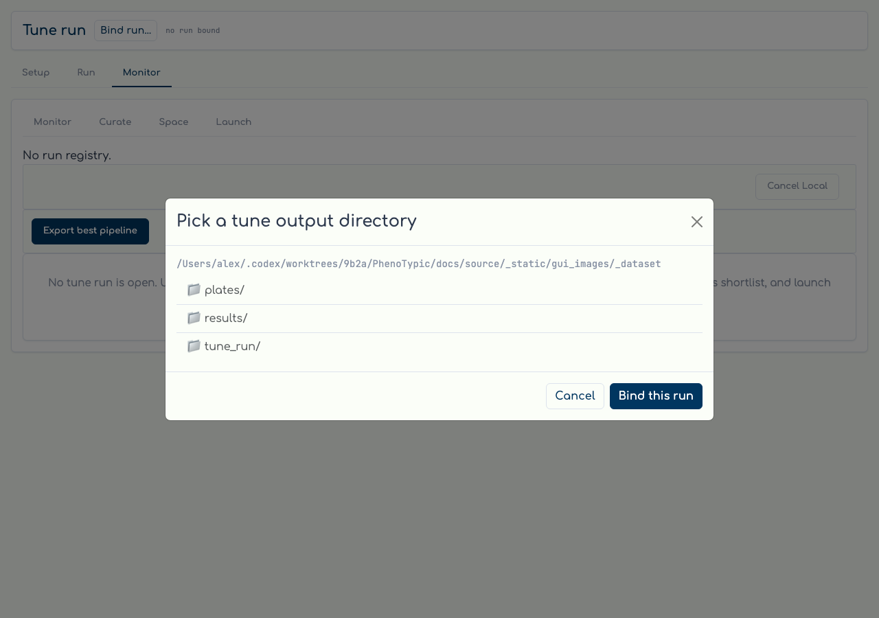Tune run picker: the sandbox-bounded directory browser.