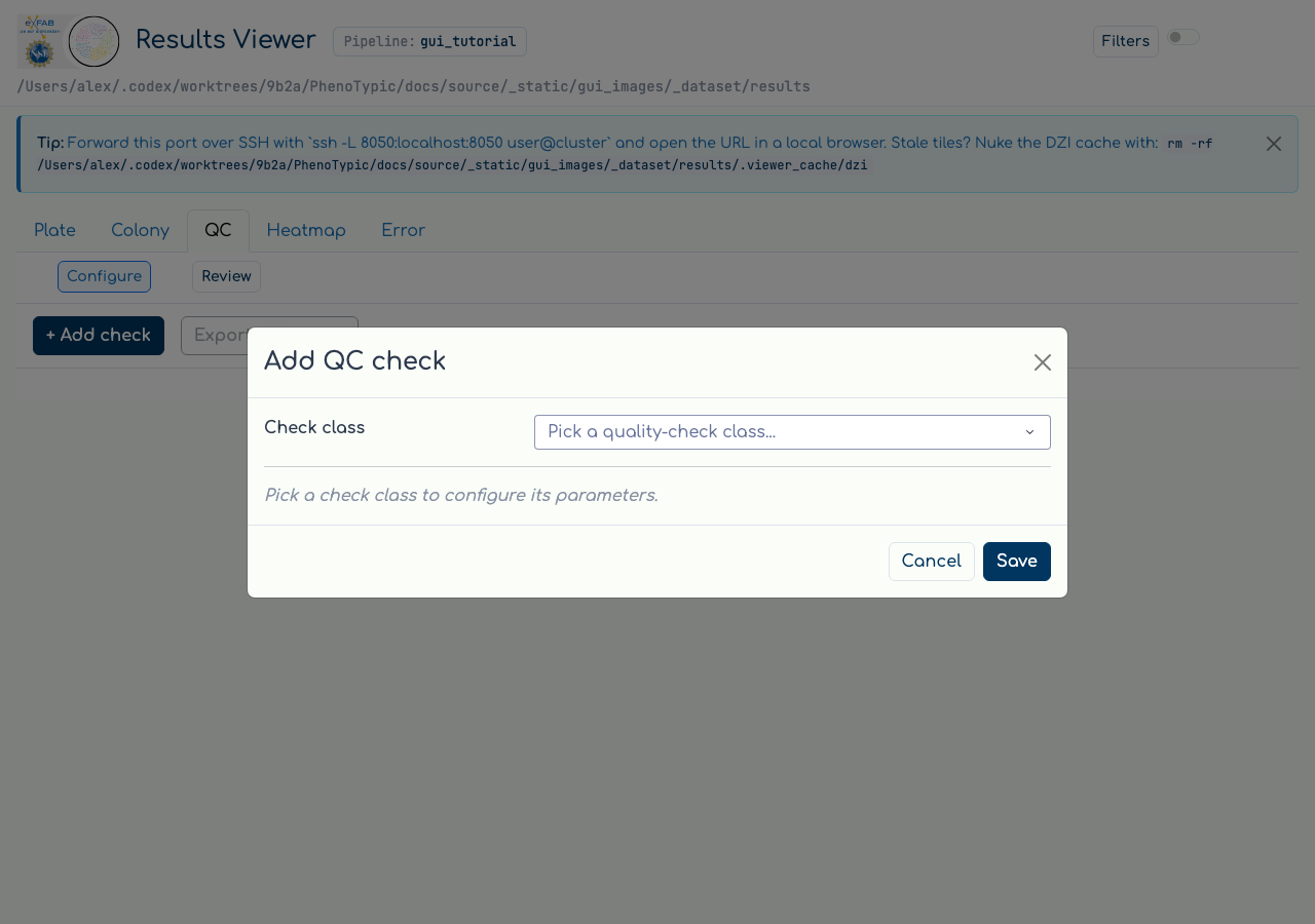 Add-check modal open showing class picker dropdown.