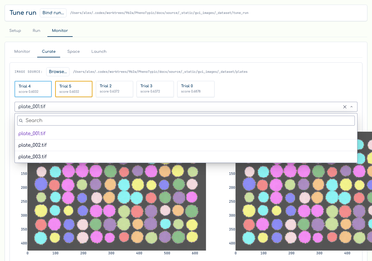 Tune Curate: shortlist + A/B colony overlays on a plate.