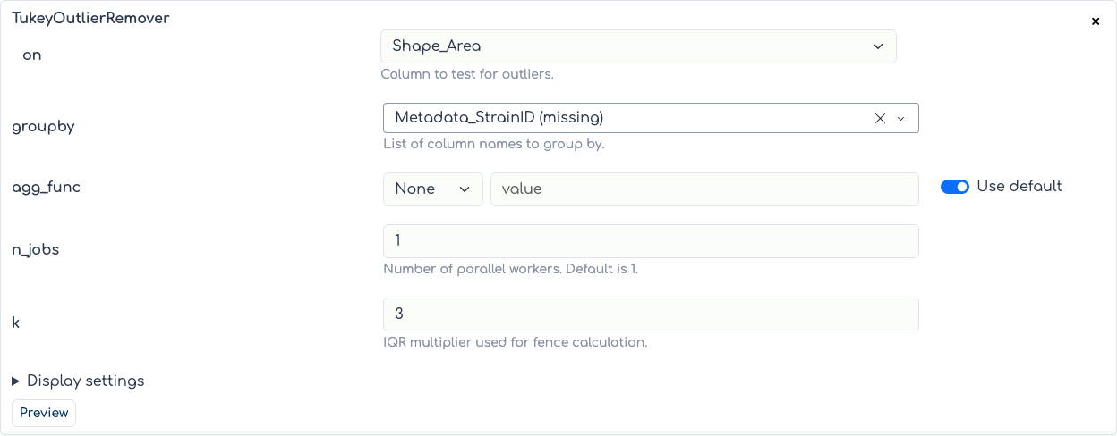 Filter section with editable parameter form.