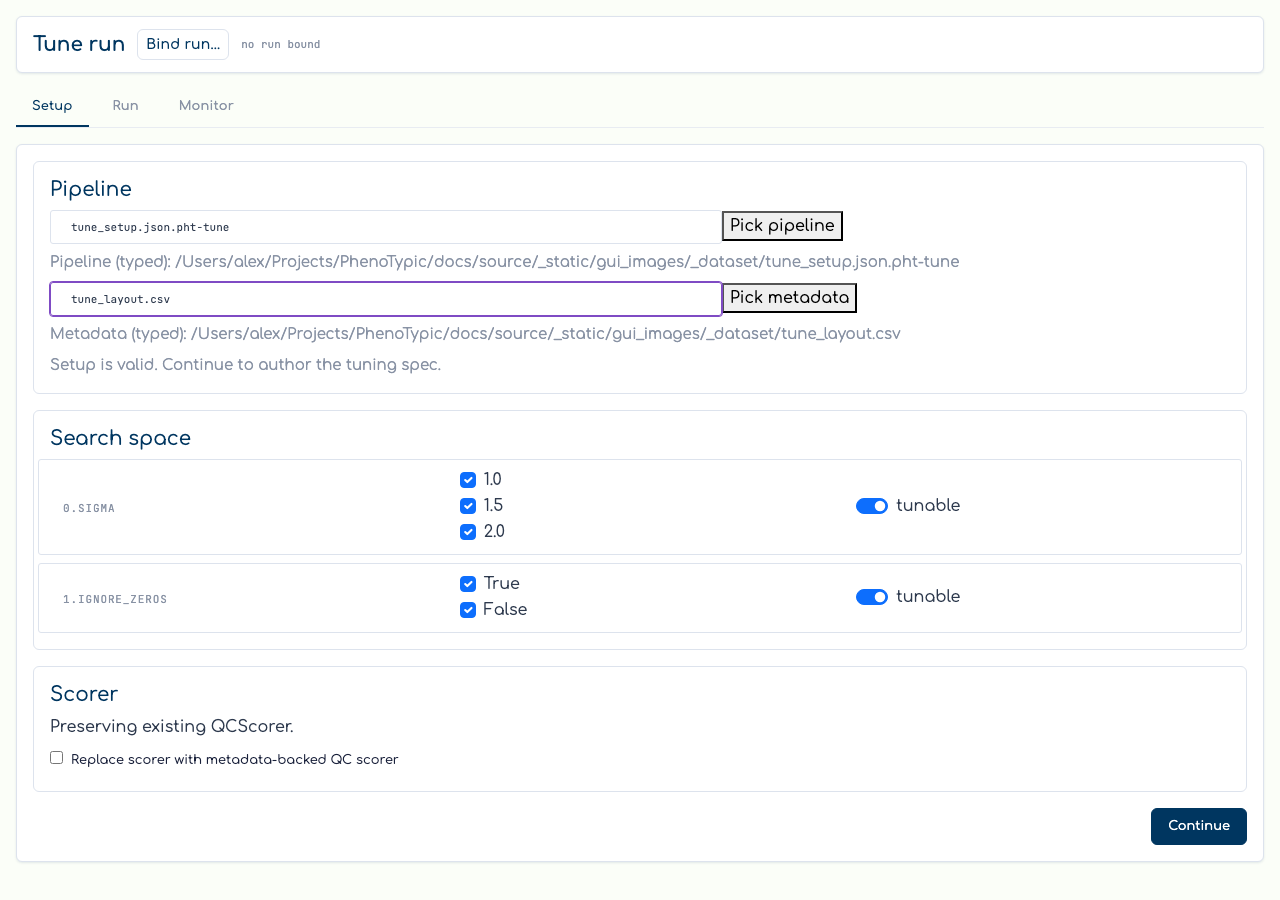Tune Setup: pipeline + metadata inputs unlock Continue.