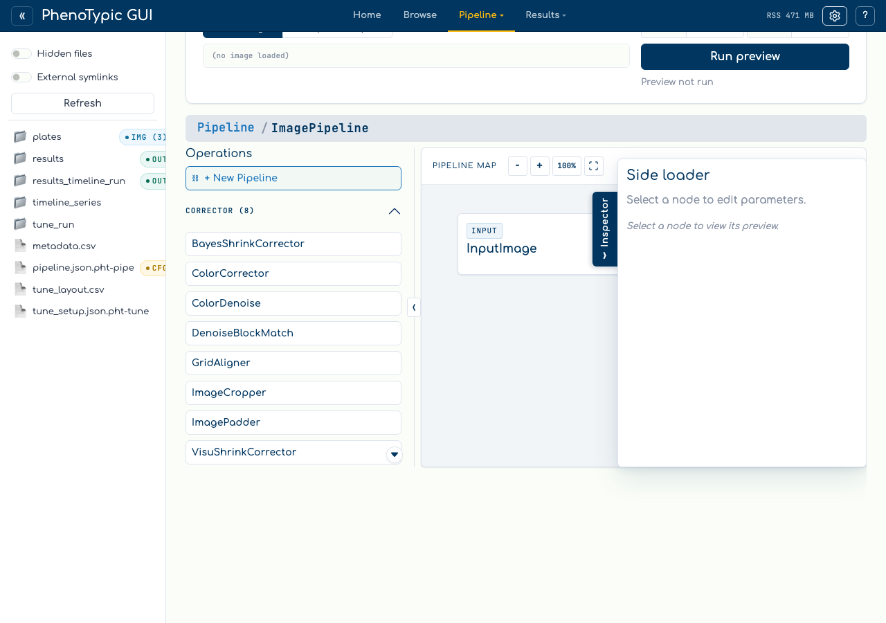 Embedded pipeline scope opened with only its InputImage source and floating continuation target.