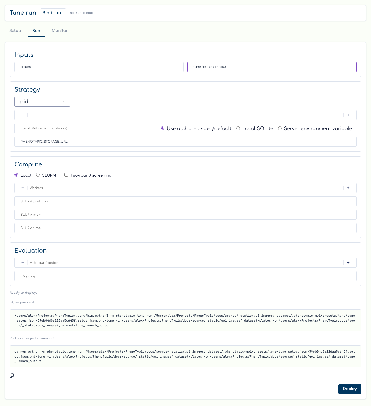 Tune Run: launch form, live command card, and Deploy.
