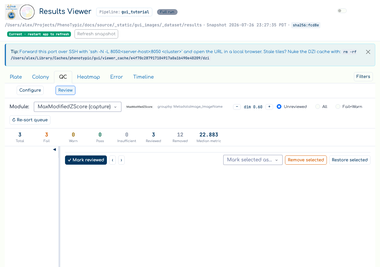Review sub-view: module picker, summary header, worst-first worklist.