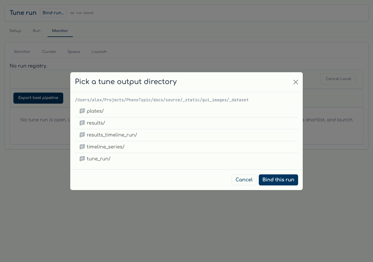 Tune run picker: the sandbox-bounded directory browser.