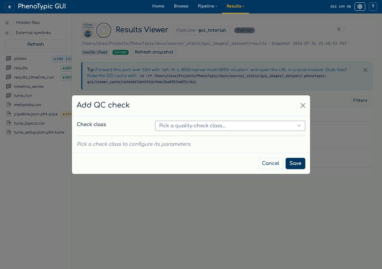 Add-check modal open showing class picker dropdown.