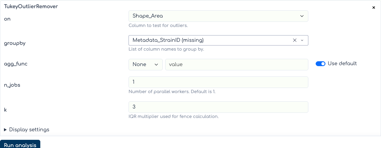 Filter section with editable parameter form.