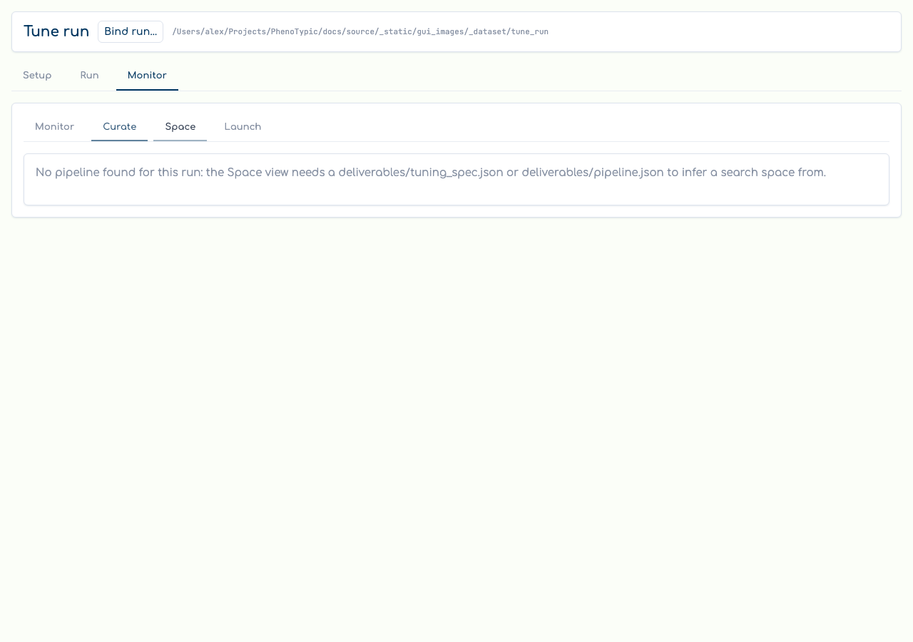 Tune Space: inferred search space with editable knob rows.